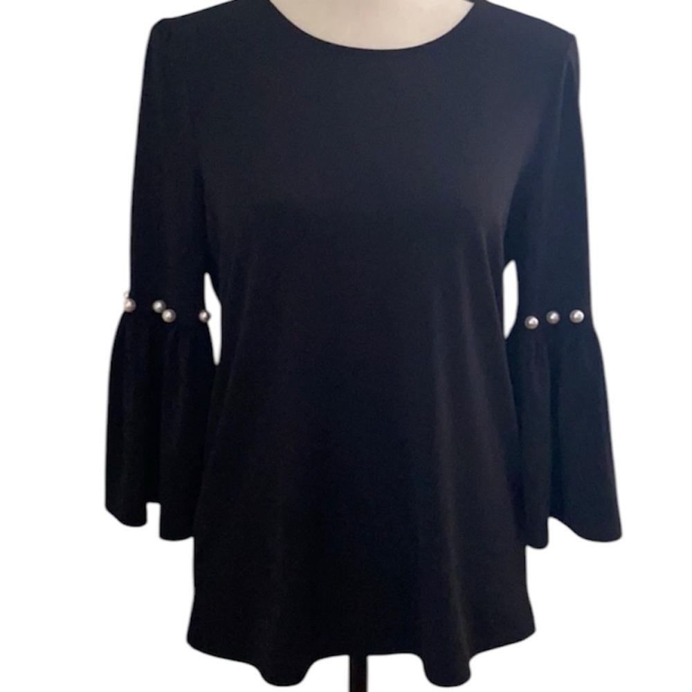 Adrianna Papell black trumpet sleeve top with pearls accent size M